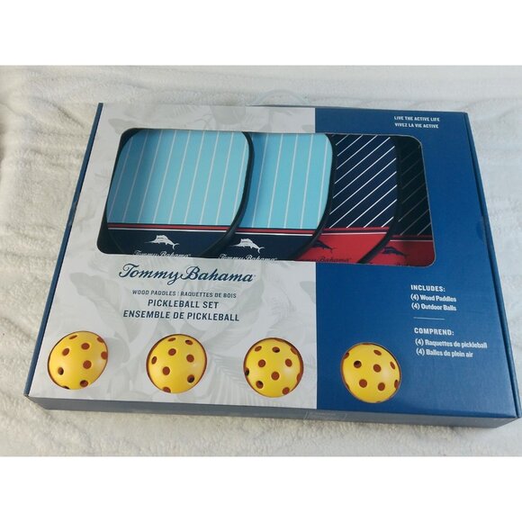 Tommy Bahama Pickleball Set New 4 Paddles Balls Wood Dark Blue Light Blue Paddle - Picture 2 of 3